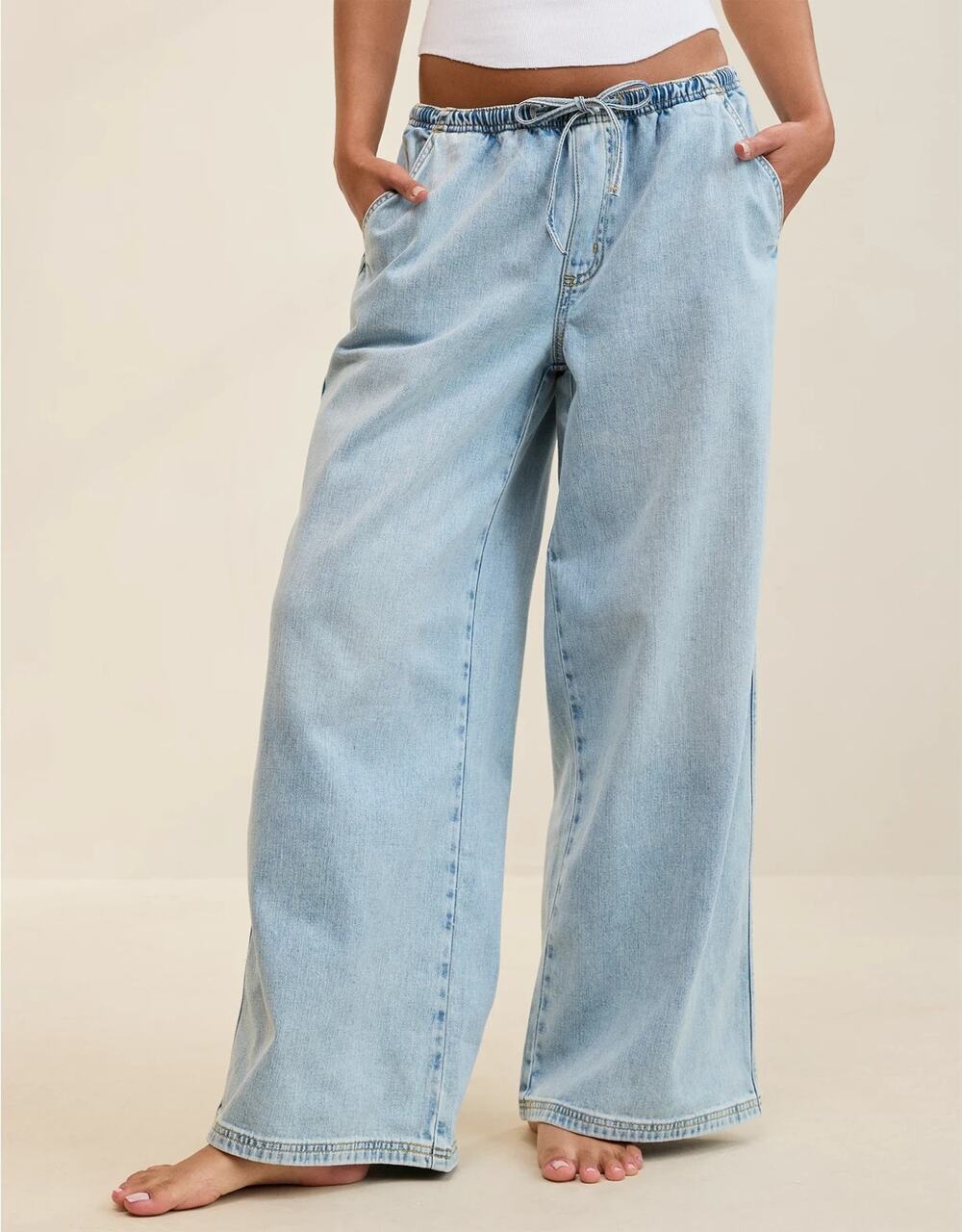Aerie Daydream Denim Pull On Drawstring Y2K Pants Wide Leg Size X-Large A011181